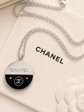 Two-Tone Silver and Black Round CC Pendant Necklace